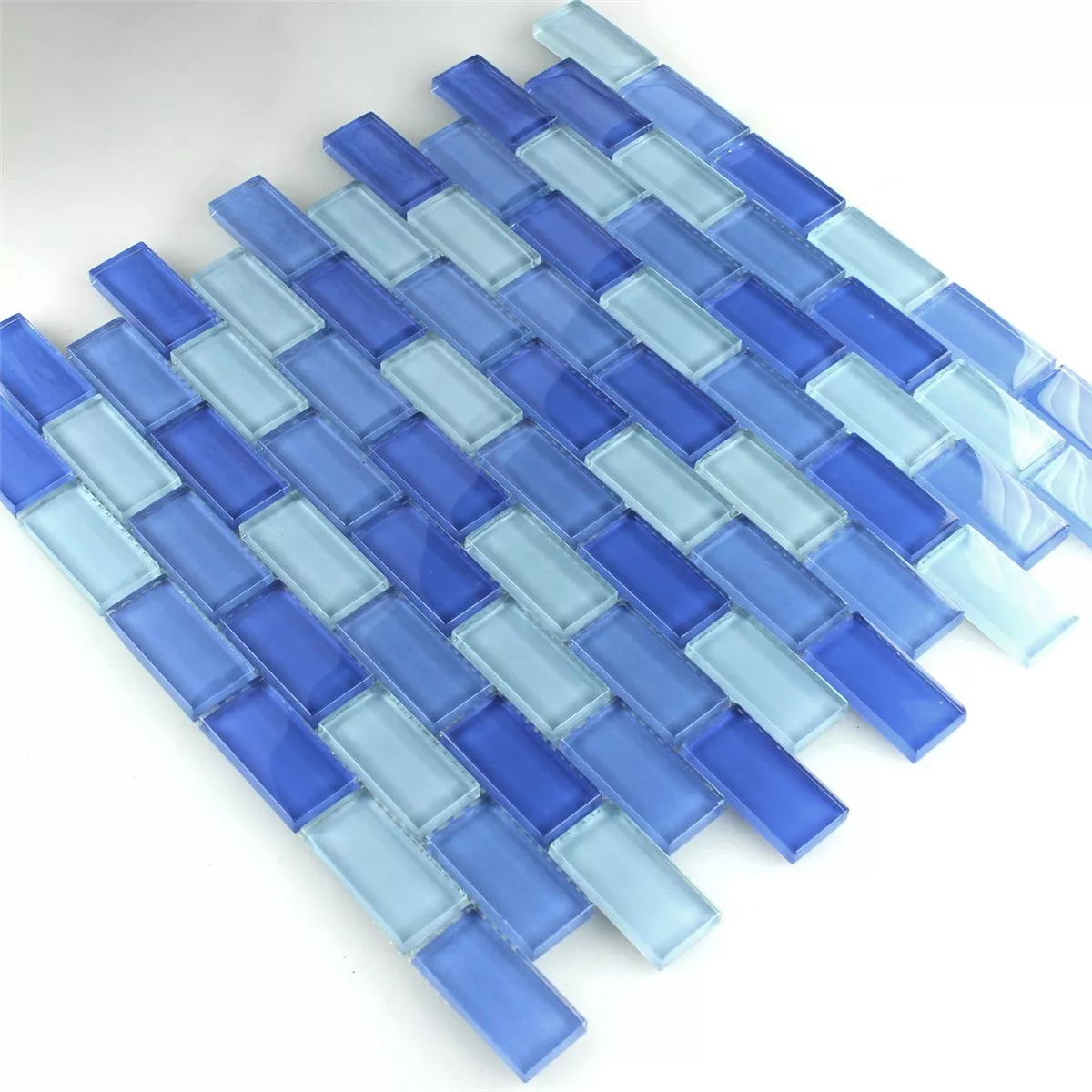 Mosaico Vetro Brick Blu Chiaro Mix 25x50x8mm