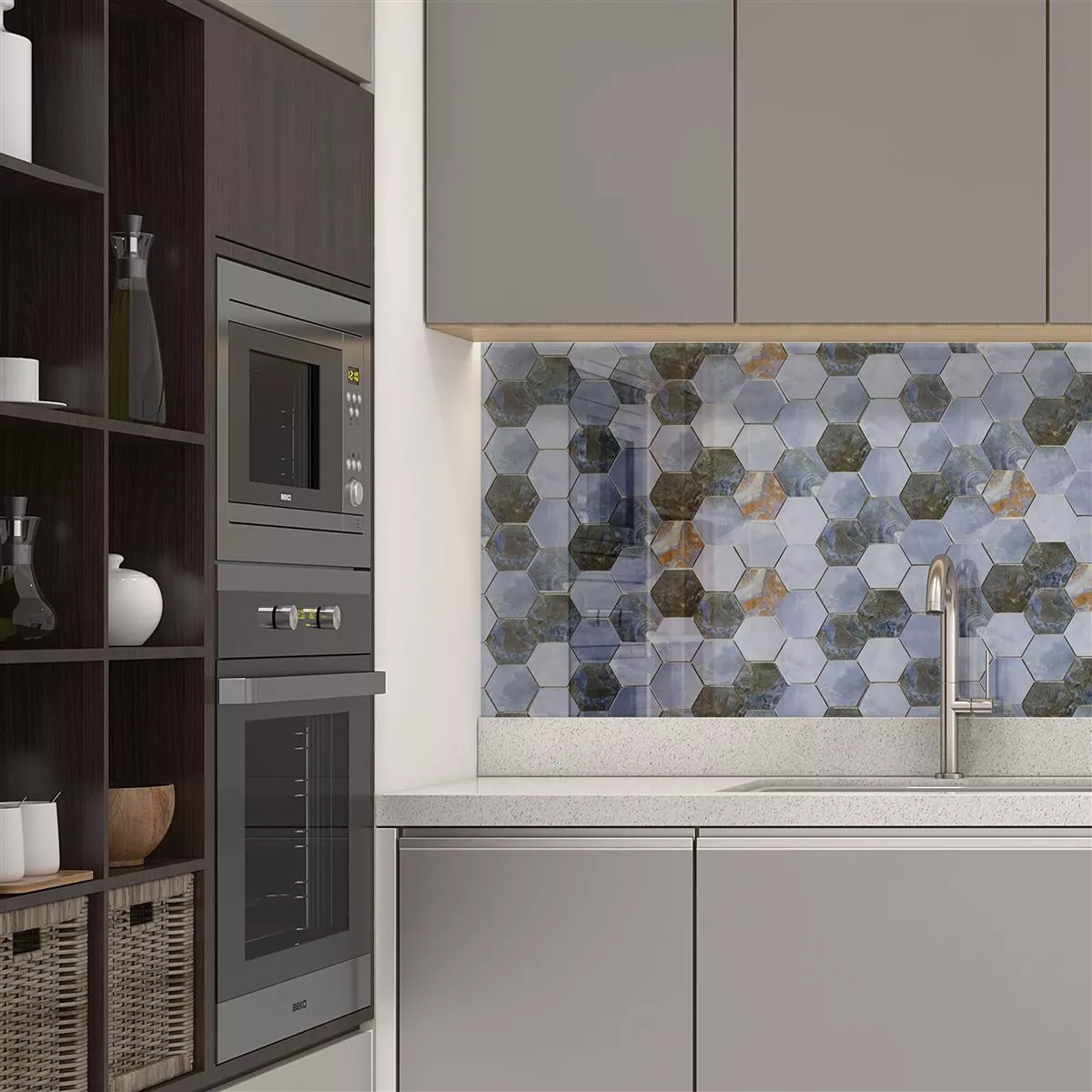 Campione da Ceramica Mosaico Piastrelle Naftalin Esagono Blu Nero