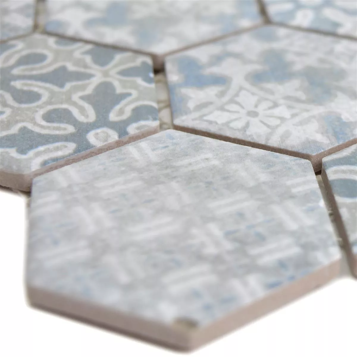 Campione Ceramica Mosaico Retro Piastrelle Lawinia Esagono Blu